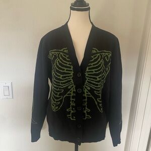 Fashion Nova ☠️ button up Black Cardigan with Green Skeleton Design size M